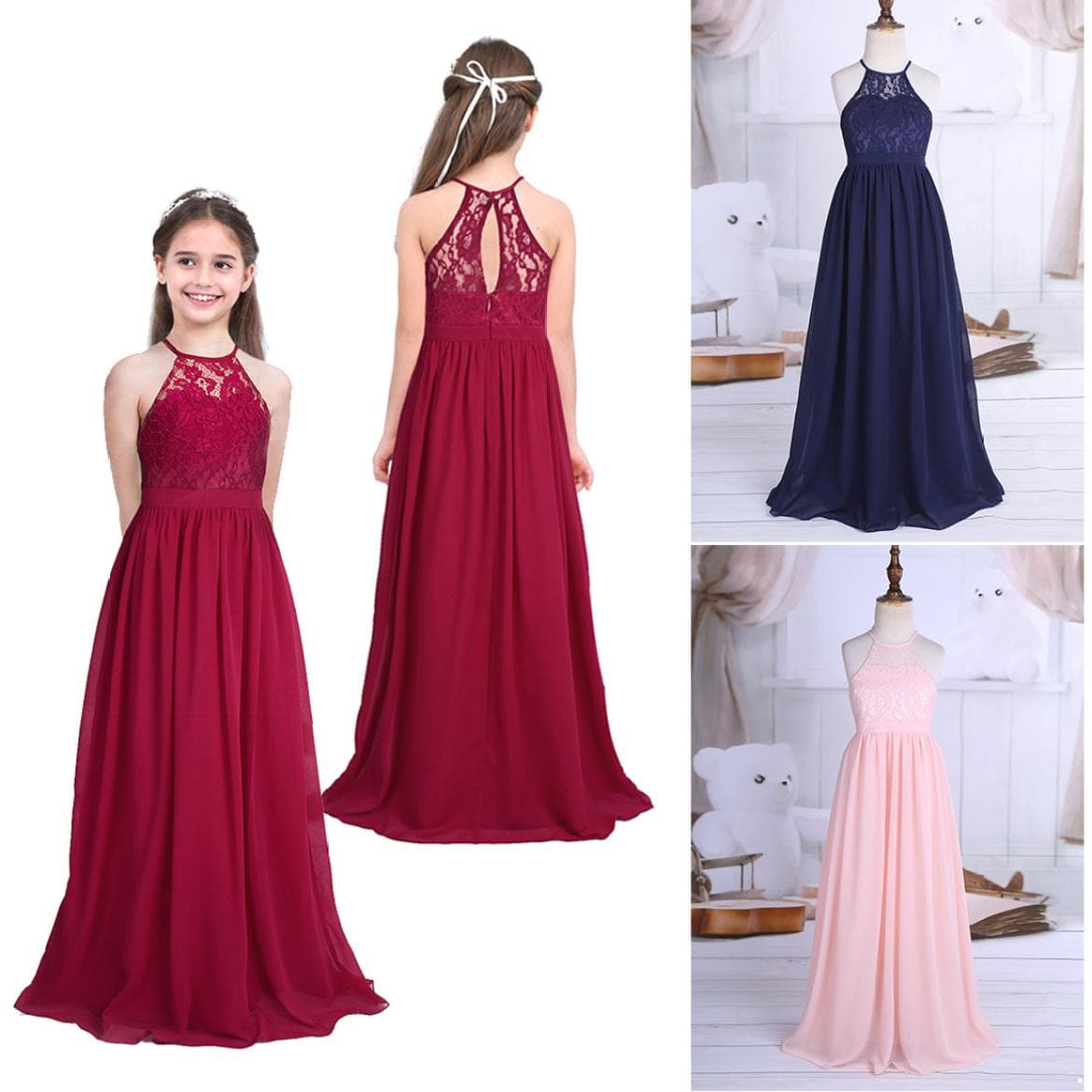 Abito da ragazza di fiore in chiffon di pizzo con scollo all'americana per bambini Abito da ballo per damigella d'onore da sposa Abito maxi da spettac