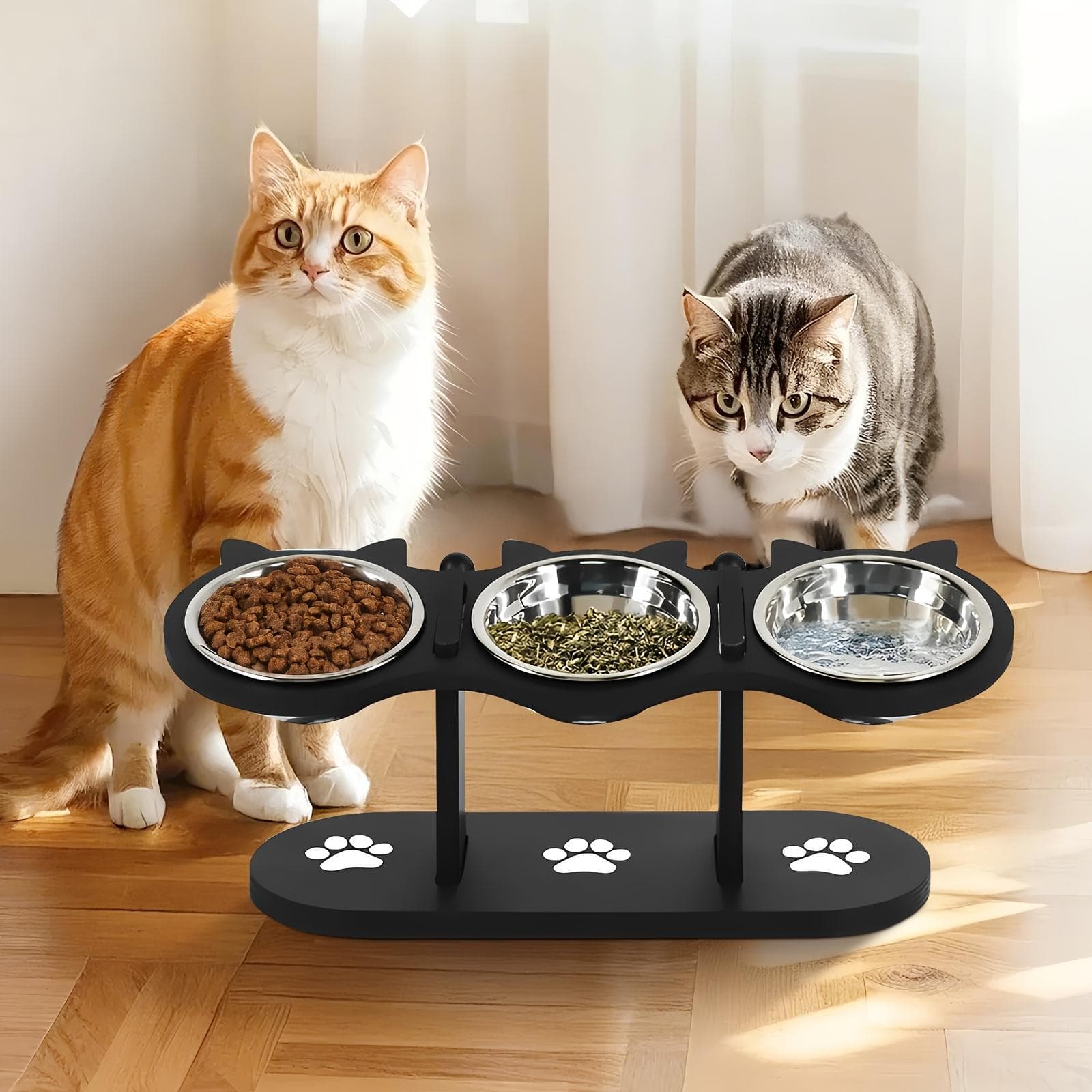 Ciotole Rialzate per Gatti 15° Inclinazione Ciotole Rialzate per Cibo Gatti con Supporto in Legno Anti Vomito 3 Ciotole in Acciaio Inossidabile per
