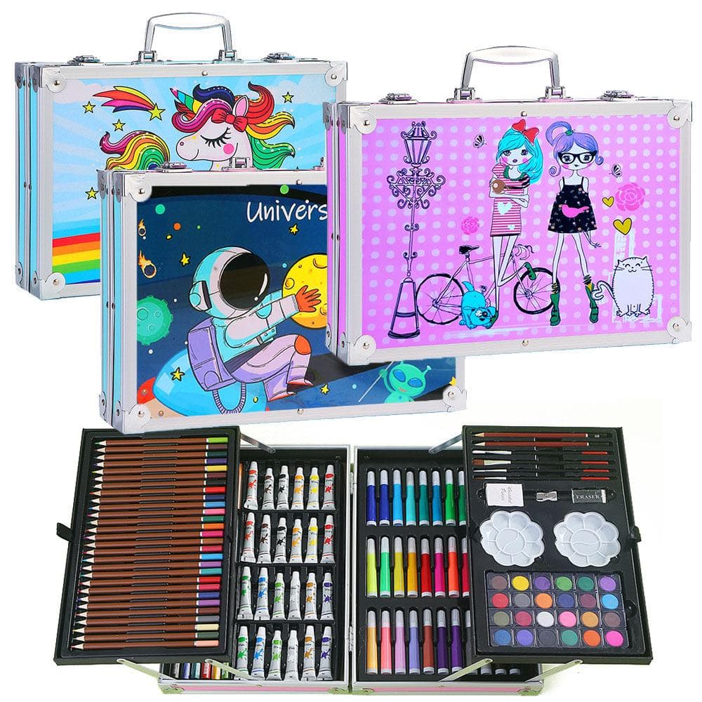 Set da pittura a doppia faccia da 145 pezzi in scatola di alluminio con pennelli - Pennarelli ad acquerello per studenti e bambini, confezione regalo