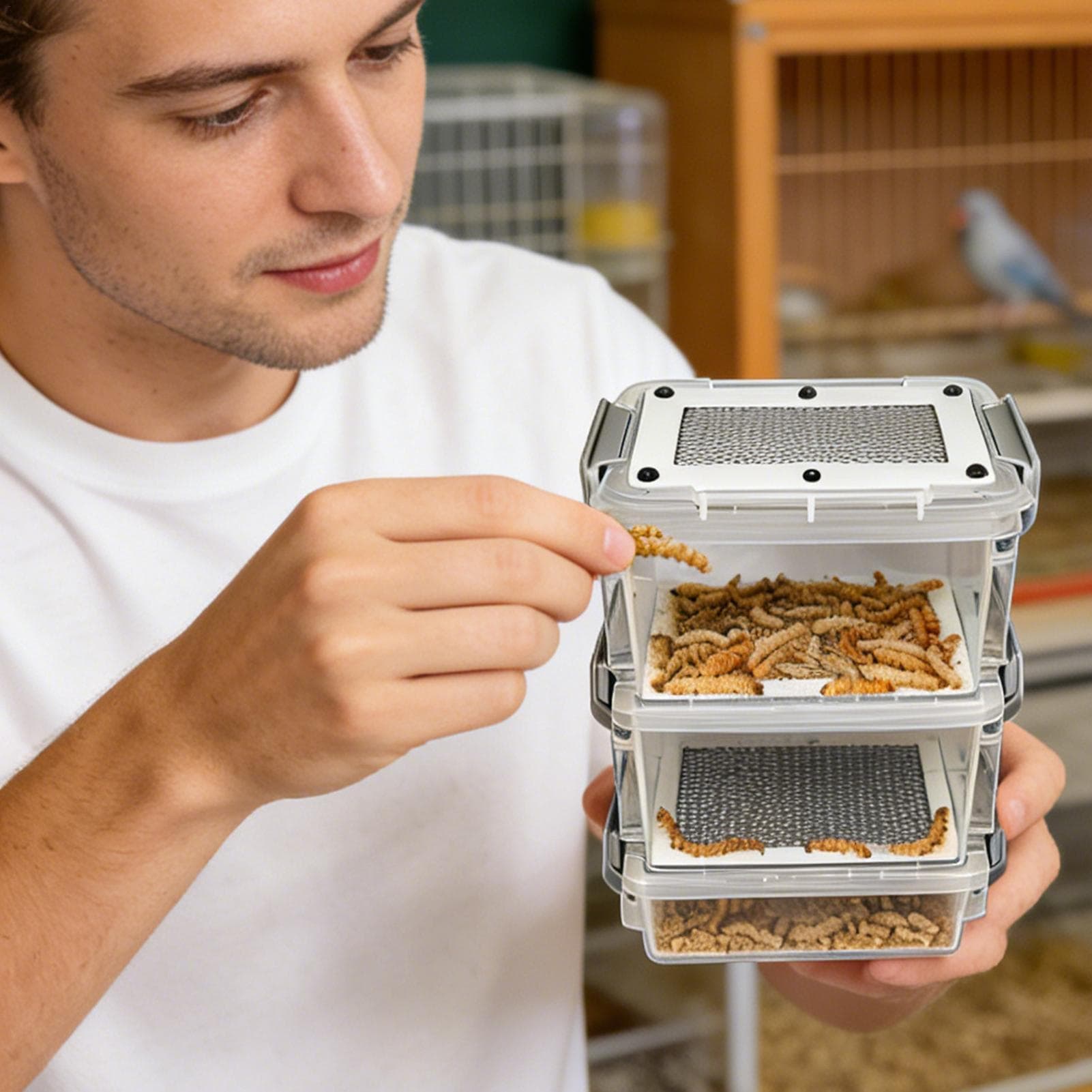Kit di Allevamento Larve della Farina 3 Piani Contenitore Mangiatore per Bachi da Seta Scatola per Allevamento Larve di Mais per Genitori di Animali D