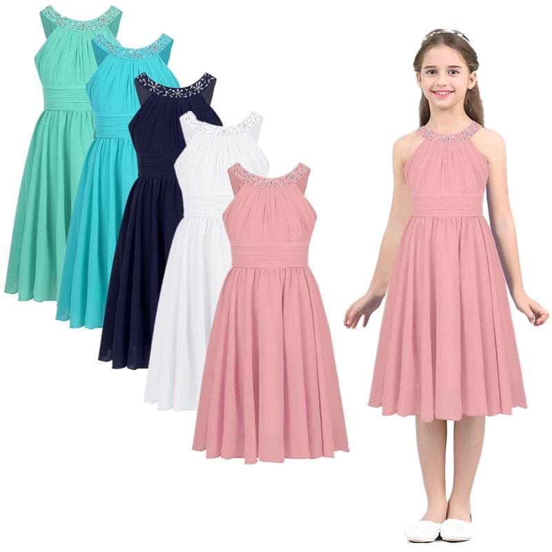 Abito da ragazza in chiffon senza maniche con scollo all'americana, matrimonio, festa di compleanno, ballo di fine anno, maxi abiti da sera cm colore