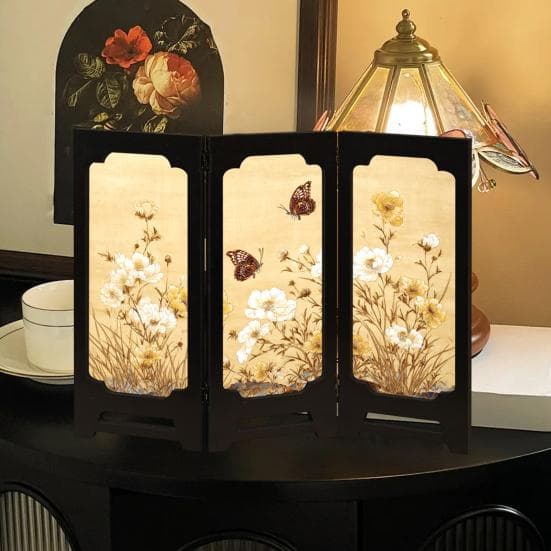 Mini Paravento Floreale Rustico a 3 Pannelli Divisori per Ambienti Stile Cinese Vintage Paravento Pieghevole da Tavolo Ornamenti Feng Shui per Decoraz