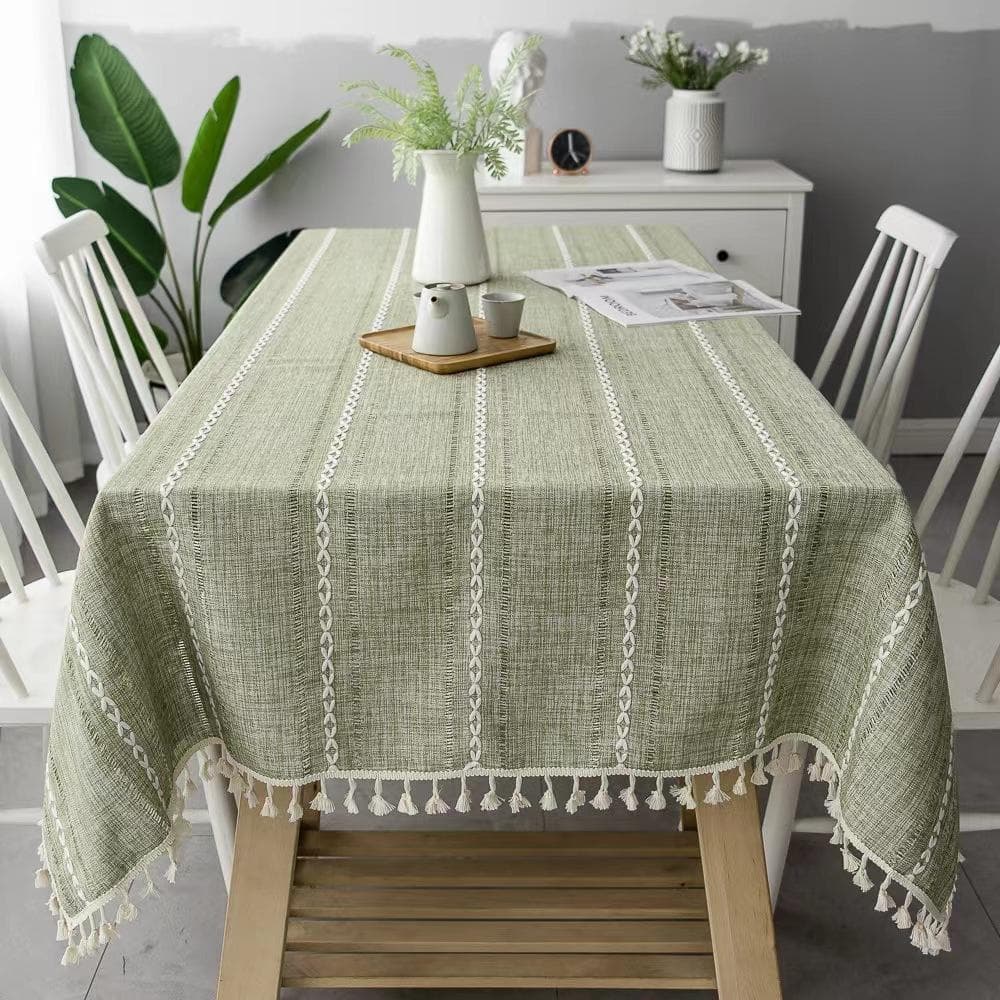 Copritavolo Cotone Lino Tovaglia a Righe Nappa Antimacchia Antipolvere per Cucina Sala da Pranzo Decorazione Piano Tavolo Rettangolare verde