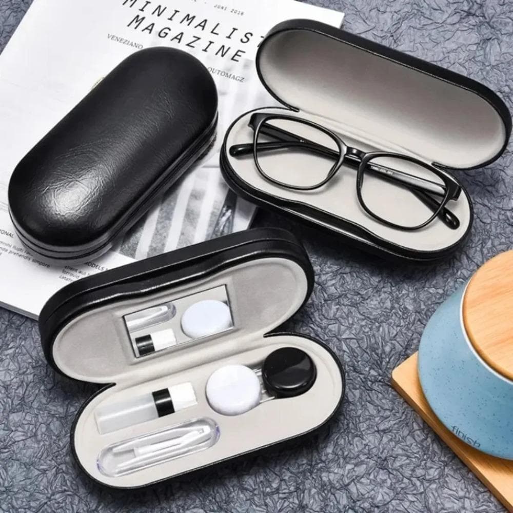 Custodia per Occhiali in Pelle a Doppio Strato con Porta Custodia per Lenti a Contatto per Uomini Donne Accessori per Custodia Occhiali da Vista Occhi