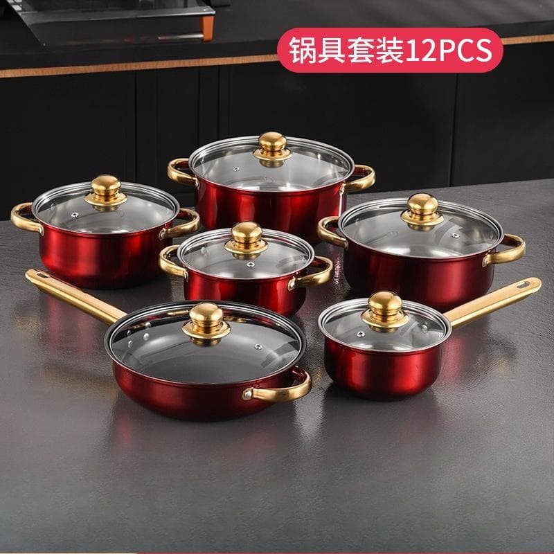 Set di pentole blu in acciaio inossidabile, set da sei pezzi con manico dorato, pentola per zuppe, pentolino per il latte, padella, wok, utensili da c
