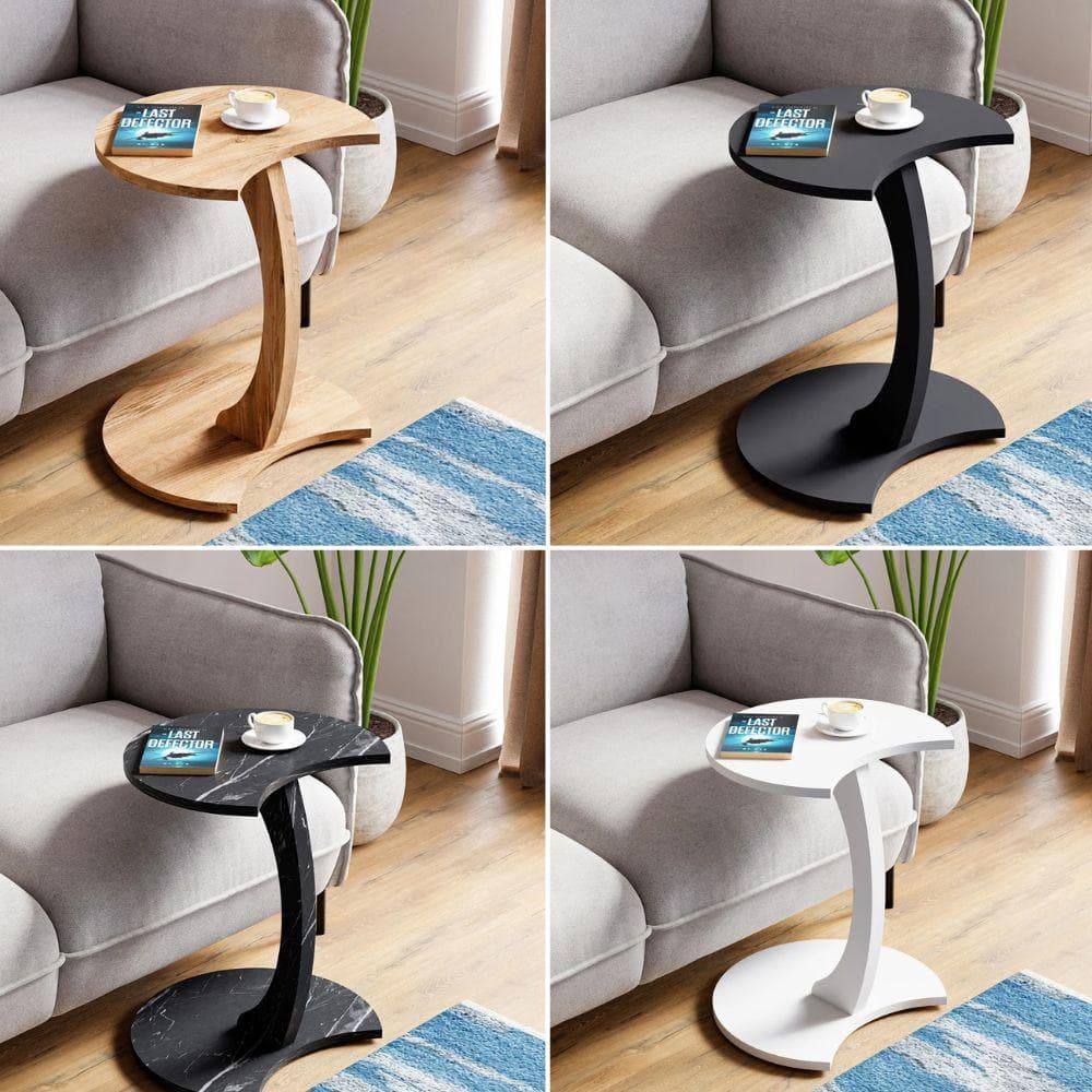 Tavolino da caffè a C, Tavolino laterale con ruote, Finitura Pino Atlantico, Tavolino mobile in truciolato per divano, comodino