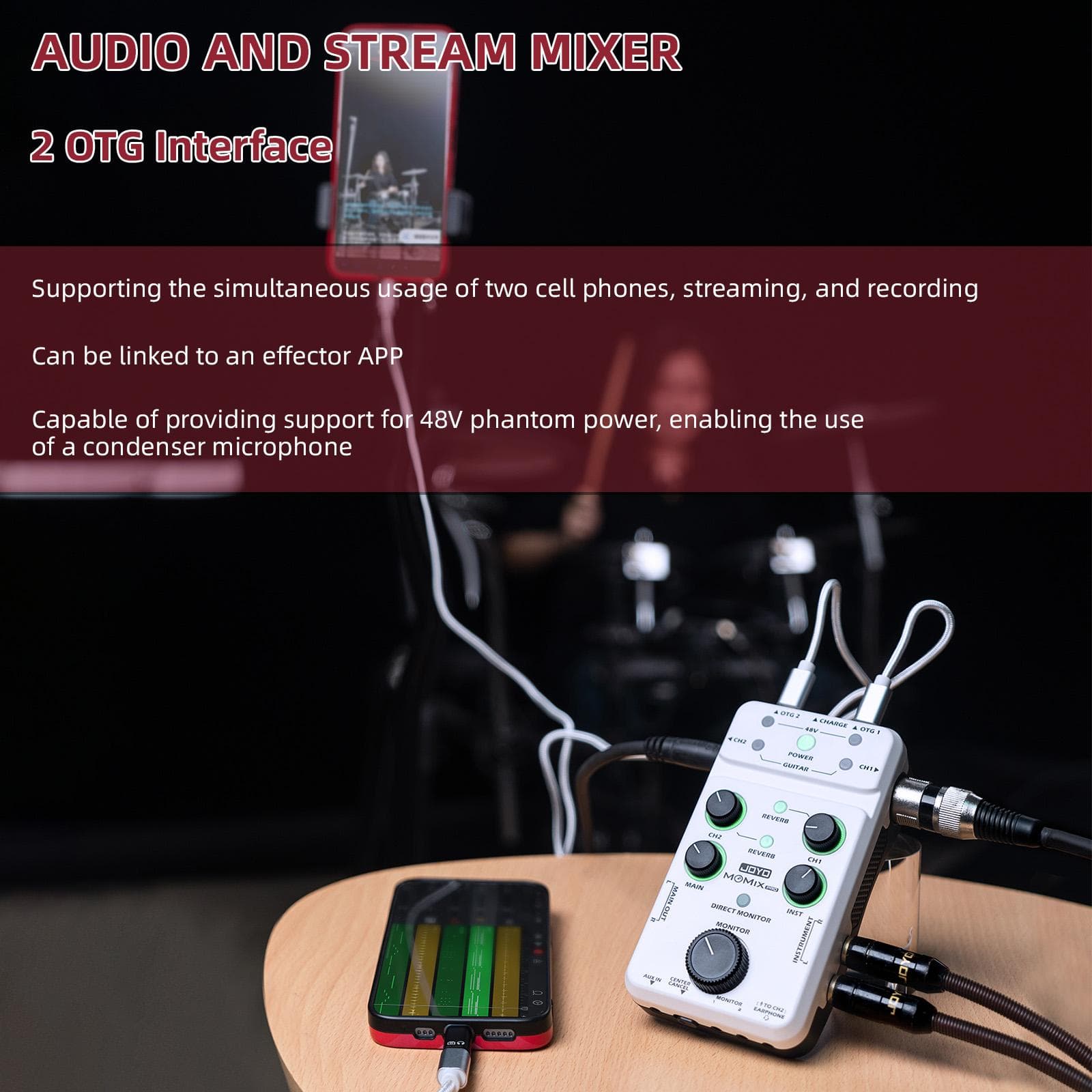 JOYO MOMIX PRO Mixer audio Tipo-C Alimentato da telefono Plug and Play Interfaccia audio USB Stereo XLR + 48V bianco