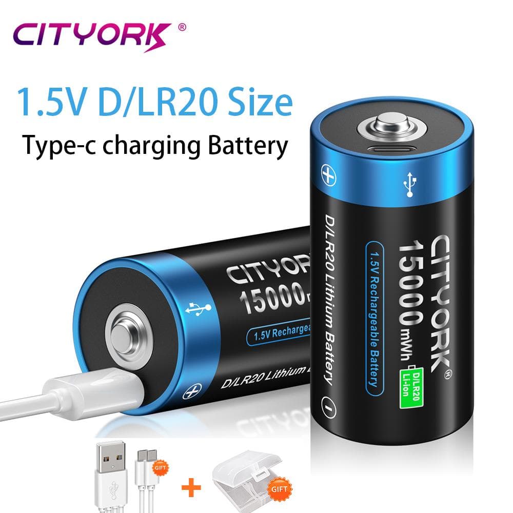 Cityork 1.5V 15000 mWh Batteria ricaricabile formato D Batteria ricaricabile al litio LR20 con ricarica USB per scaldabagno con torcia a gas con cavo