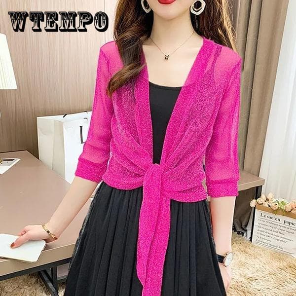 Scialle estivo in pizzo sottile da donna, mezza manica, tinta unita, protezione solare, abbigliamento casual, cardigan traspirante in seta brillante a