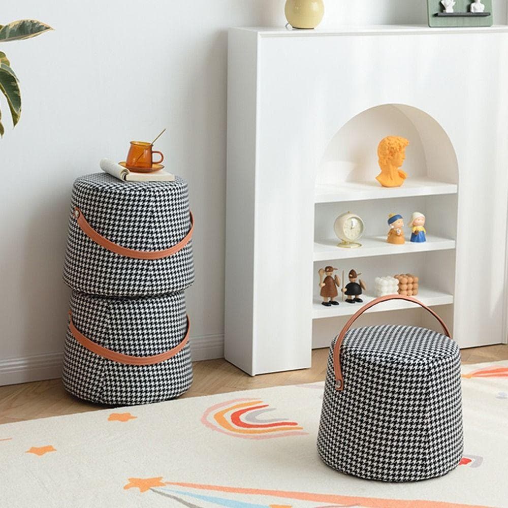 Pouf Portatile Pied-de-poule Tessuto Nordico Sgabellino Piccolo Ottomana da Ingresso Poggiapiedi da Soggiorno Pouf Creativo Sgabello Rotondo