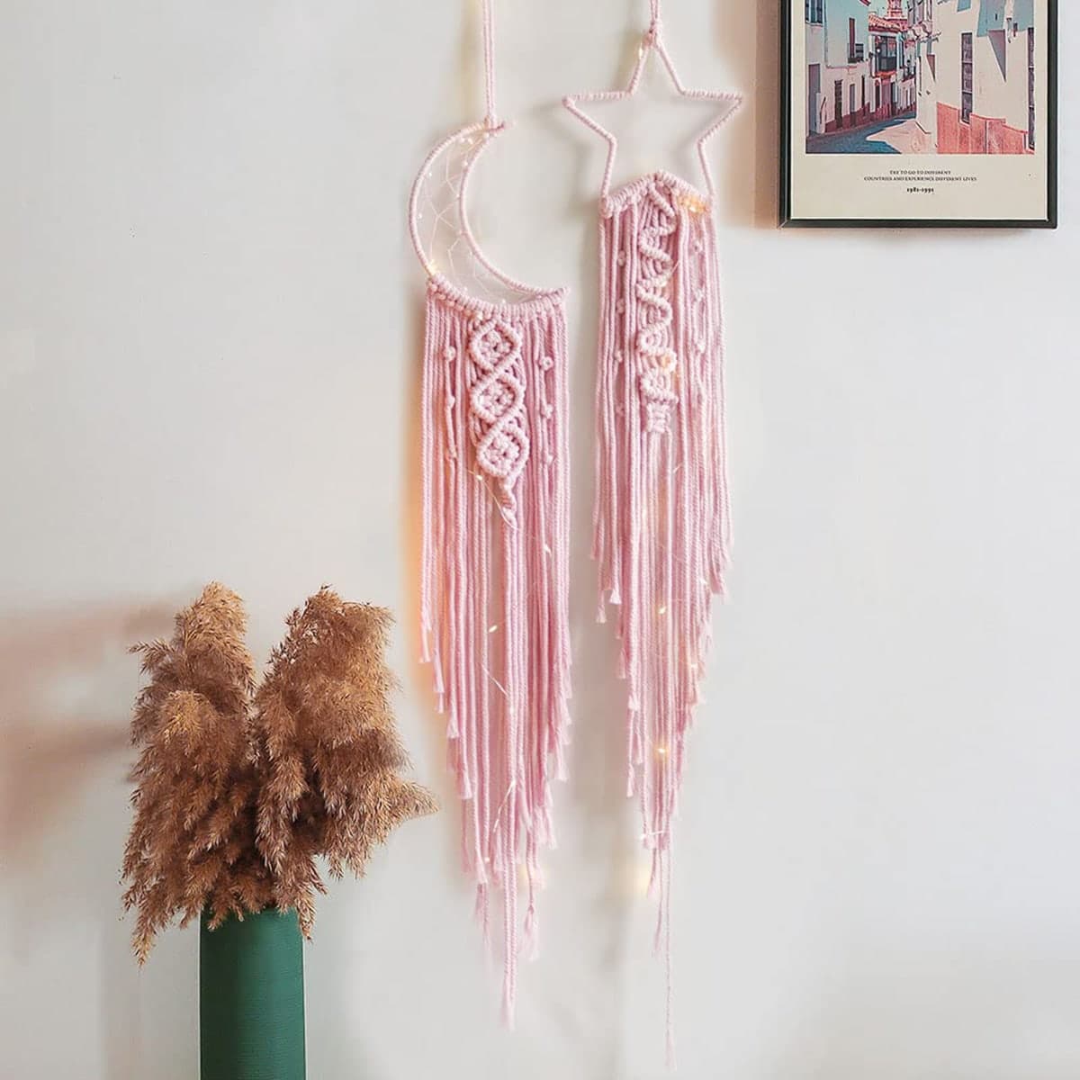 2 pezzi Acchiappasogni da parete in stile boho, fatti a mano all'uncinetto con pizzo, stelle e luna, decorazione da parete per casa, matrimonio,