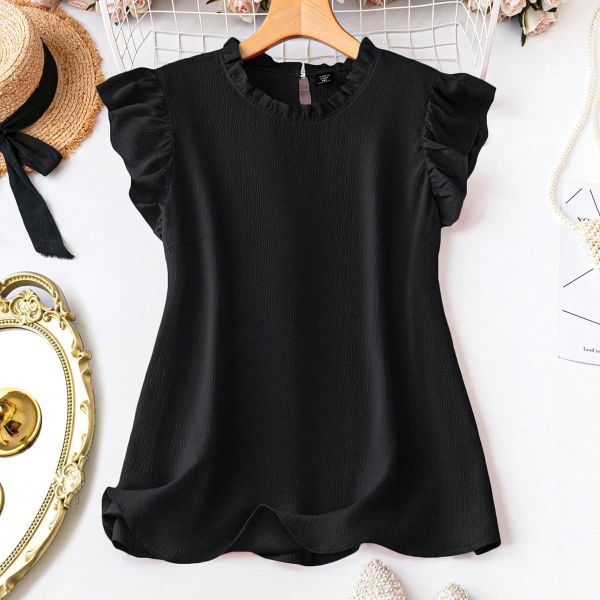 Blusa nera estiva casual con maniche a cappuccio di tinta unita, taglia grande