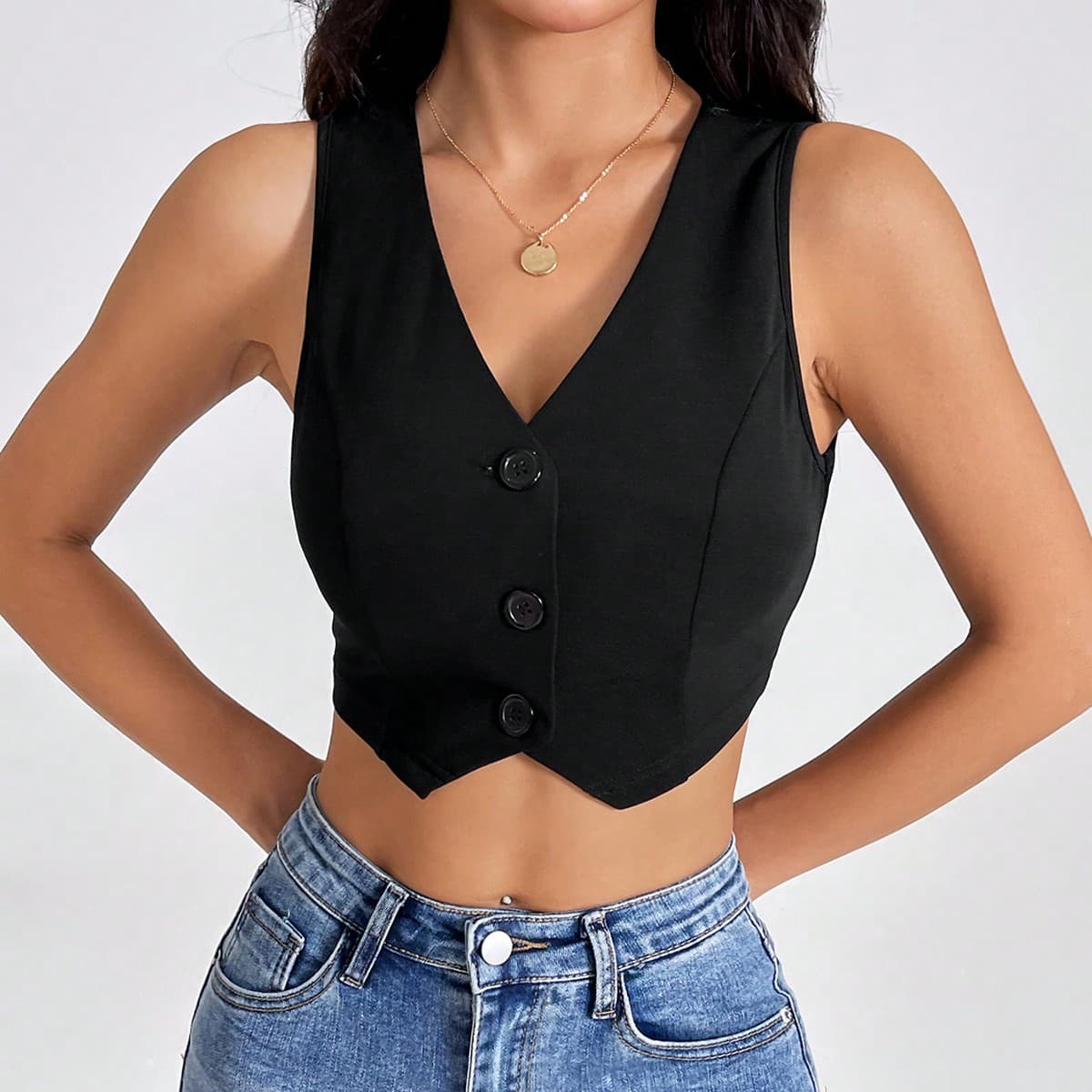 Crop top nero estivo, gilet corto con bottoni davanti tinta unita per autunno/inverno, per donne petite