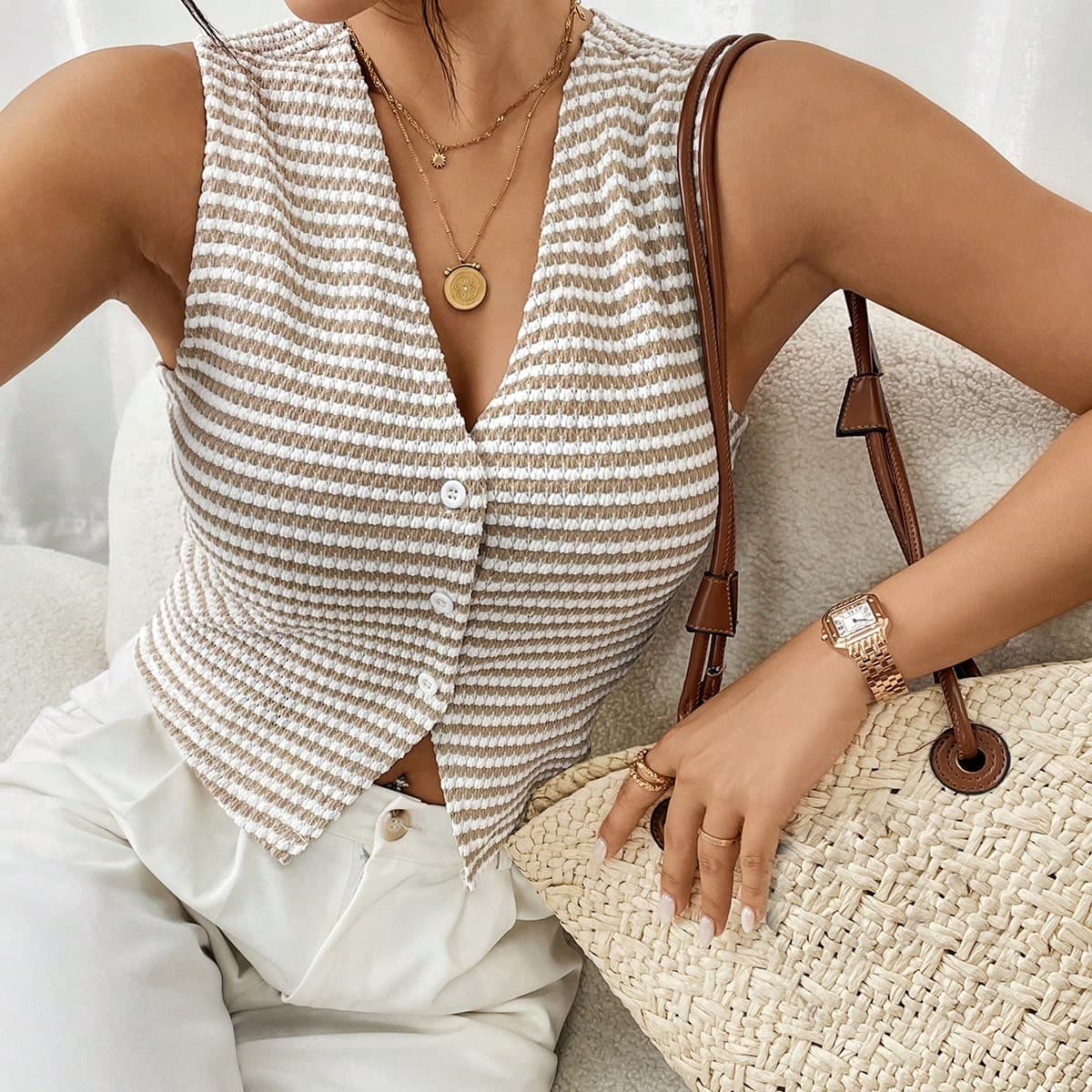 Canottiera a righe senza maniche con bottoni davanti, per uso casual quotidiano, top a costine con texture francese