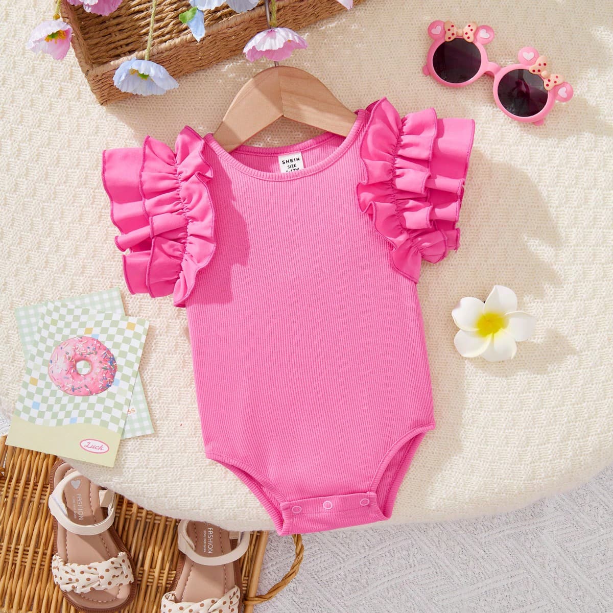 Tutina neonata con rouches rosa, casual estiva
