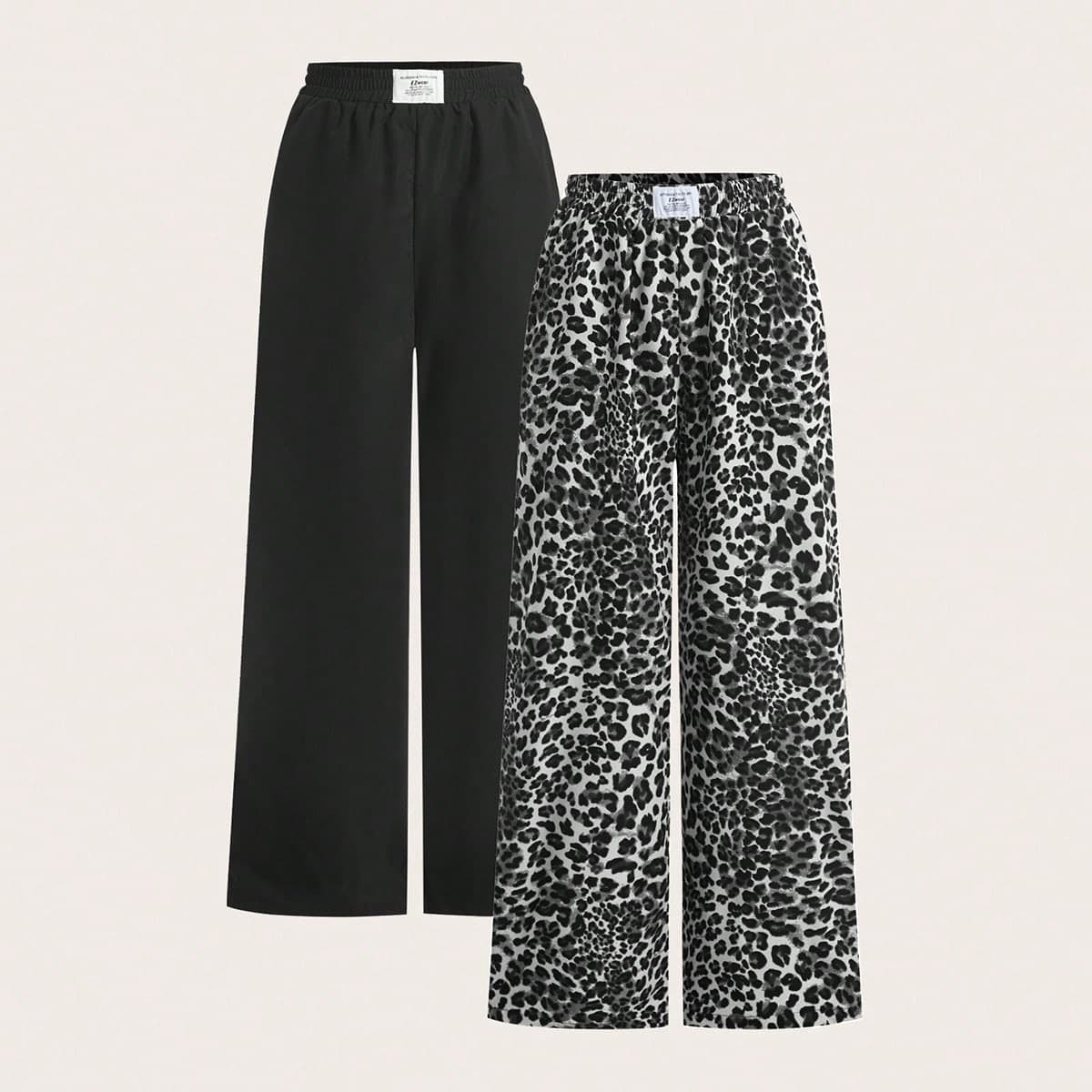 2 pezzi Pantaloni larghi casual e comodi da donna, stile moda strada, con stampa leopardata e colore tinta unita
