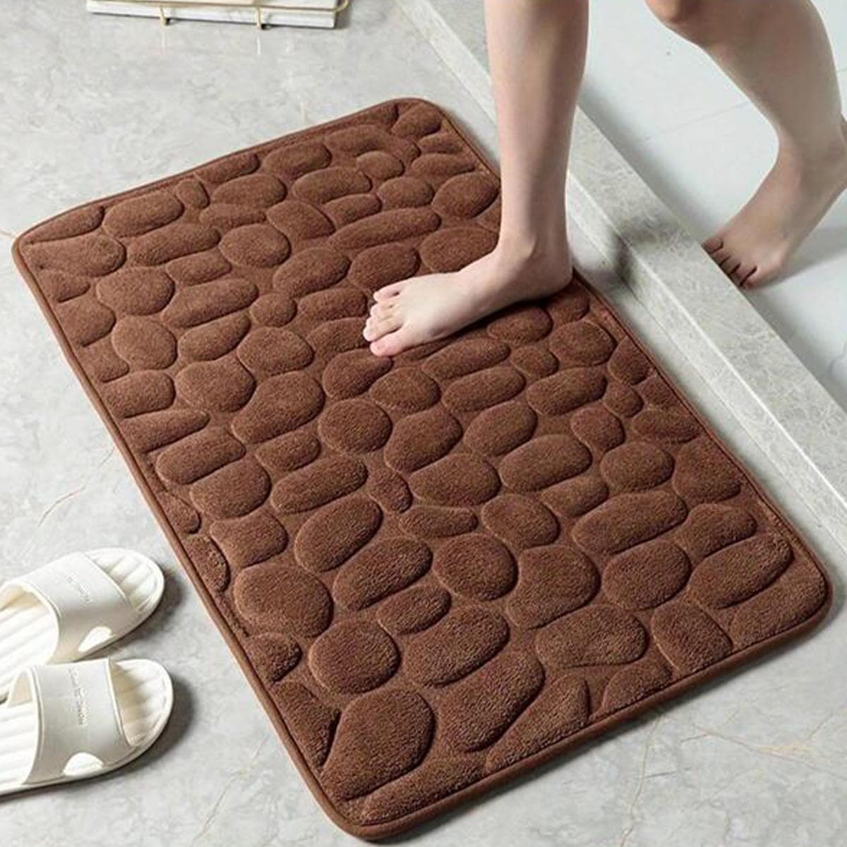 1 pezzo Tappetino da bagno antiscivolo con texture in pietra, tappeto da pavimento in poliestere marrone caffè per bagno, decorazione per la casa,