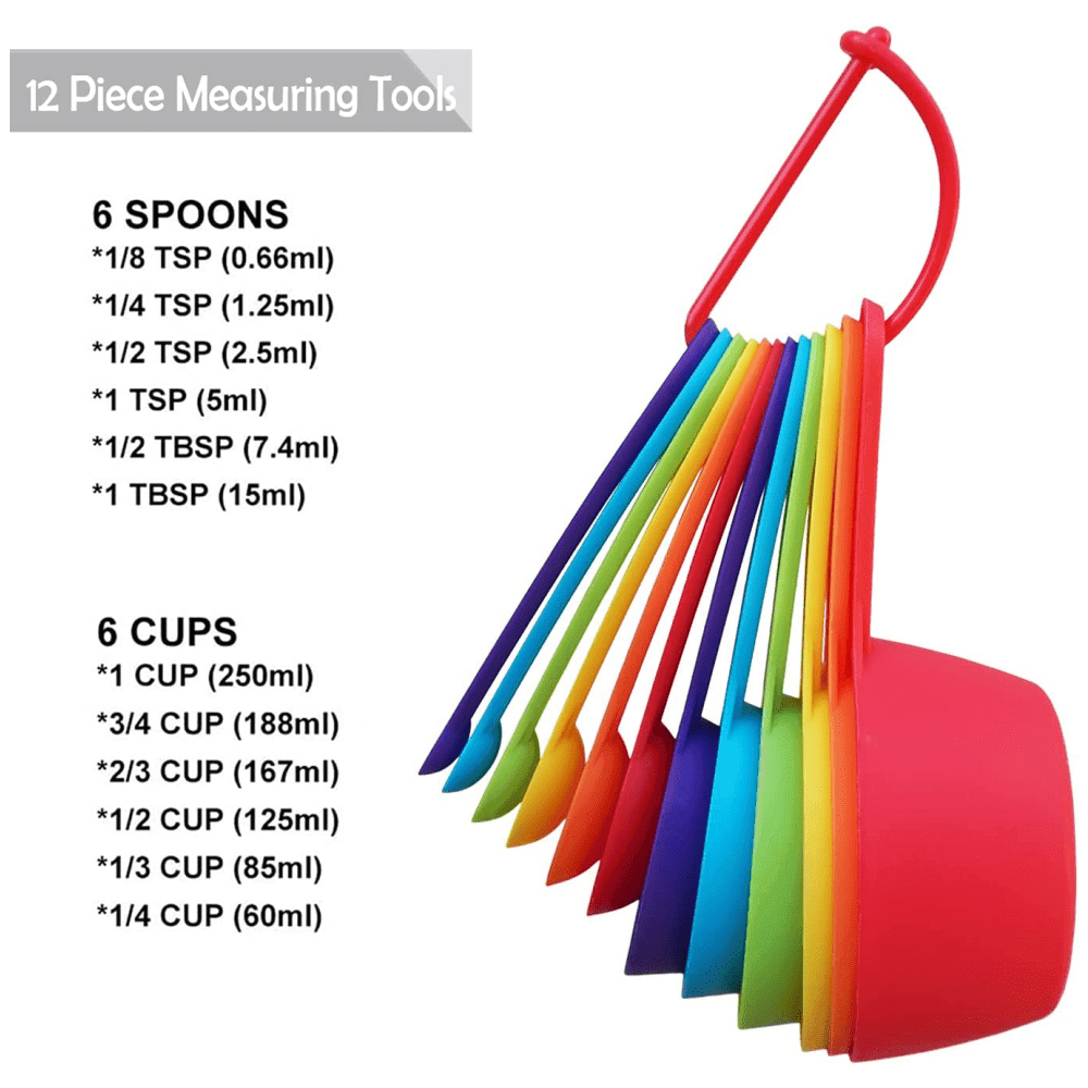 Set di 12 tazze e cucchiai dosatori, tazze e cucchiai dosatori in plastica carini, strumenti di misurazione colorati per la cucina, tazze e cucchiai