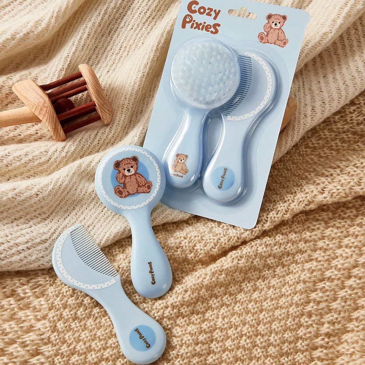 2 pezzi/Set Strumenti per la cura del neonato, Pettine e Spazzola con Disegno Orsetto Blu e a Pois