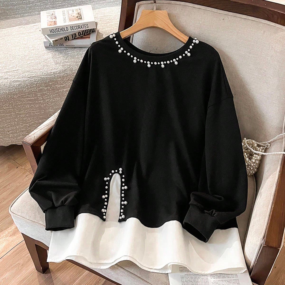 Felpa ampia da donna con collo a giro e maniche lunghe, con decorazioni in perle, casual e versatile per tutti i giorni, taglie comode