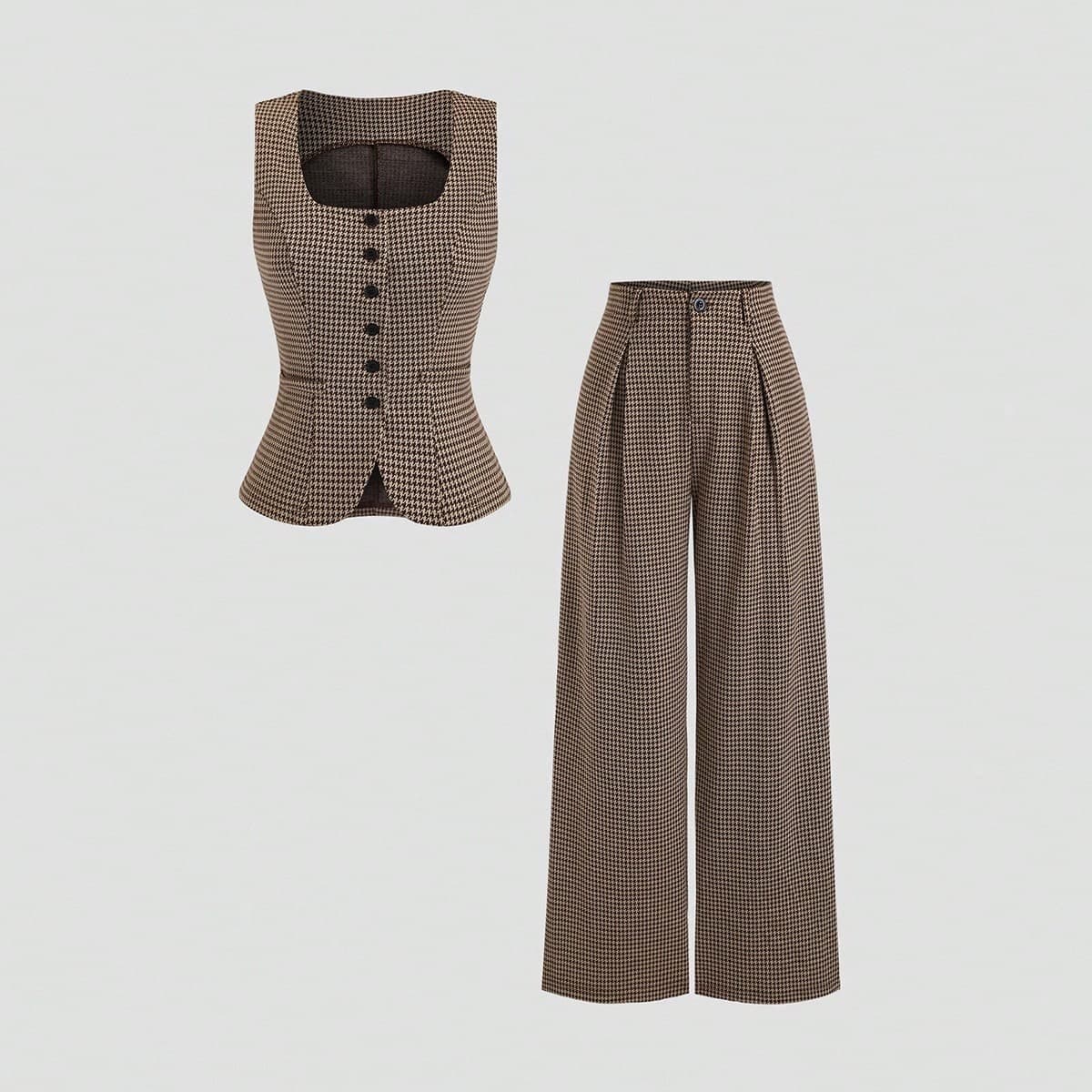 Nuovo set elegante e vintage da donna, composto da top smanicato lavorato a maglia e pantaloni larghi a gamba dritta, adatto per l'ufficio e il tempo