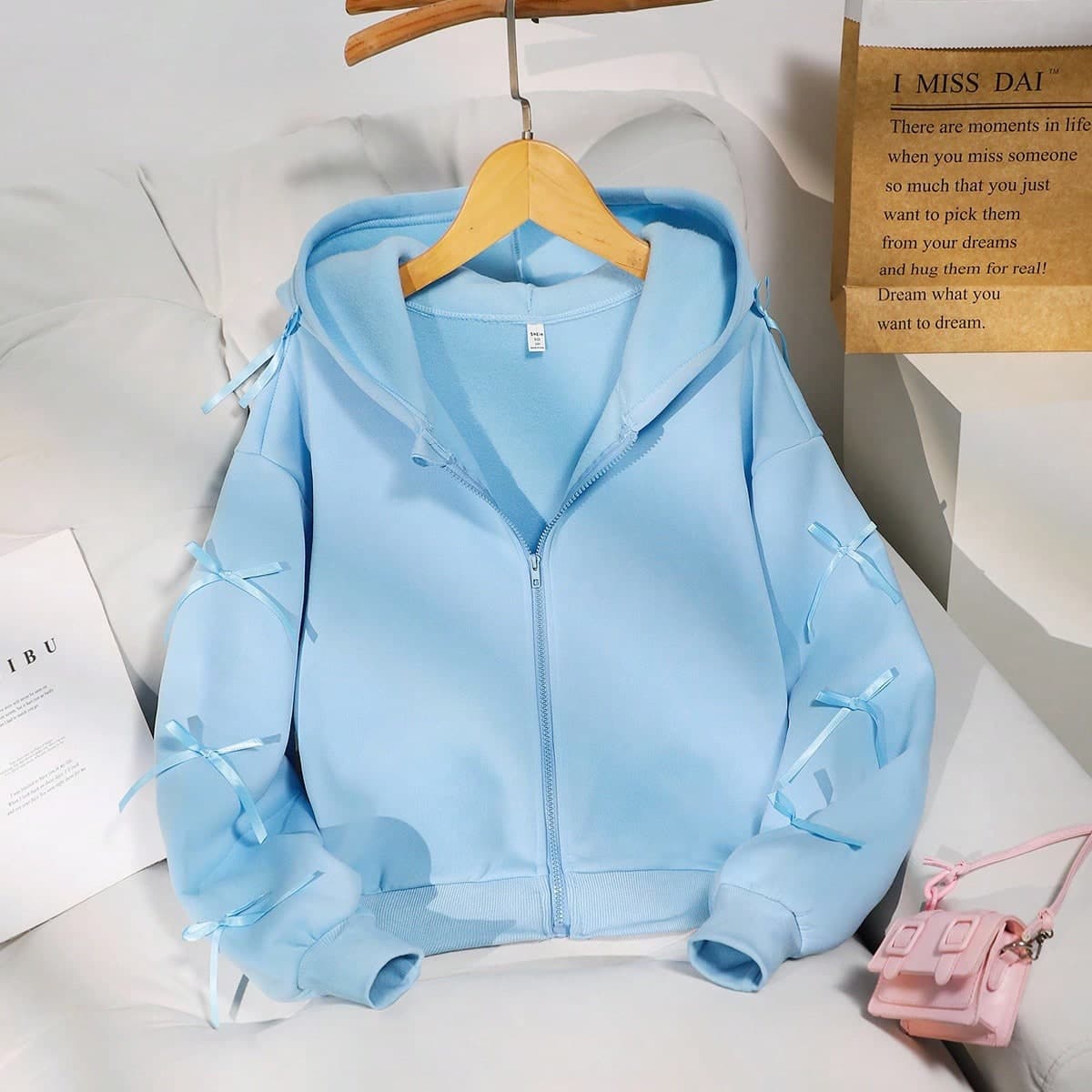 Giacca per ragazze adolescenti, in colore unito, con fiocco, felpa alla moda, in tessuto pile confortevole, vestibilità media morbida, design manica