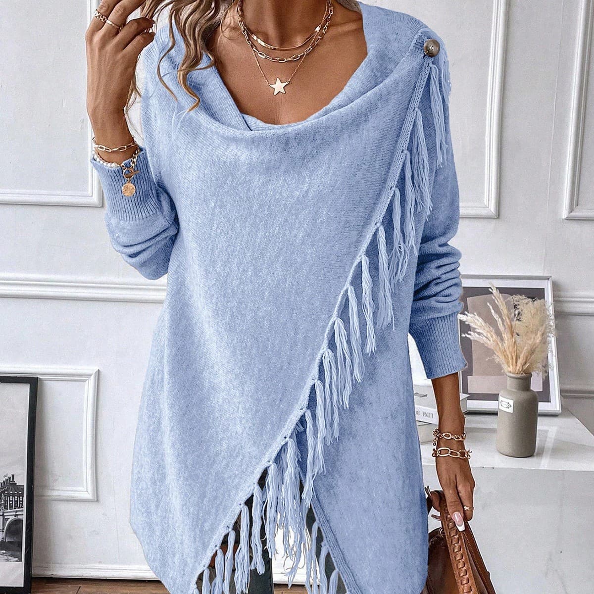 Cardigan avvolgente con colletto drappeggiato e frange, maglione asimmetrico elegante da donna, maglione lungo, maglione a maniche lunghe, top a