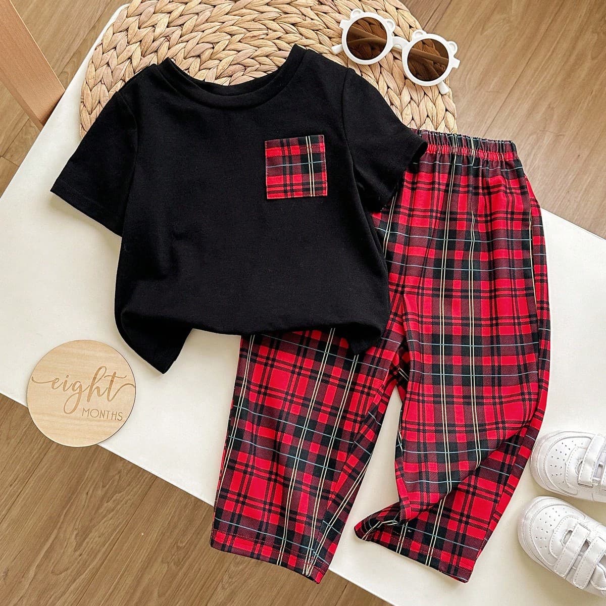 Set pigiama a maniche lunghe per bambino, in maglia, con motivo a quadri e patchwork, carino e casual
