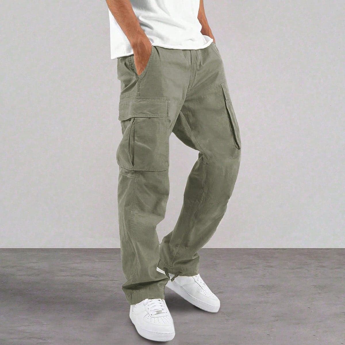 Pantaloni casual da uomo a gamba dritta con tasche cargo, colore unito