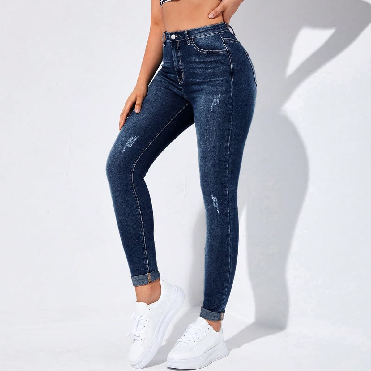 Jeans casual skinny da donna con tasche e orlo arrotolabile