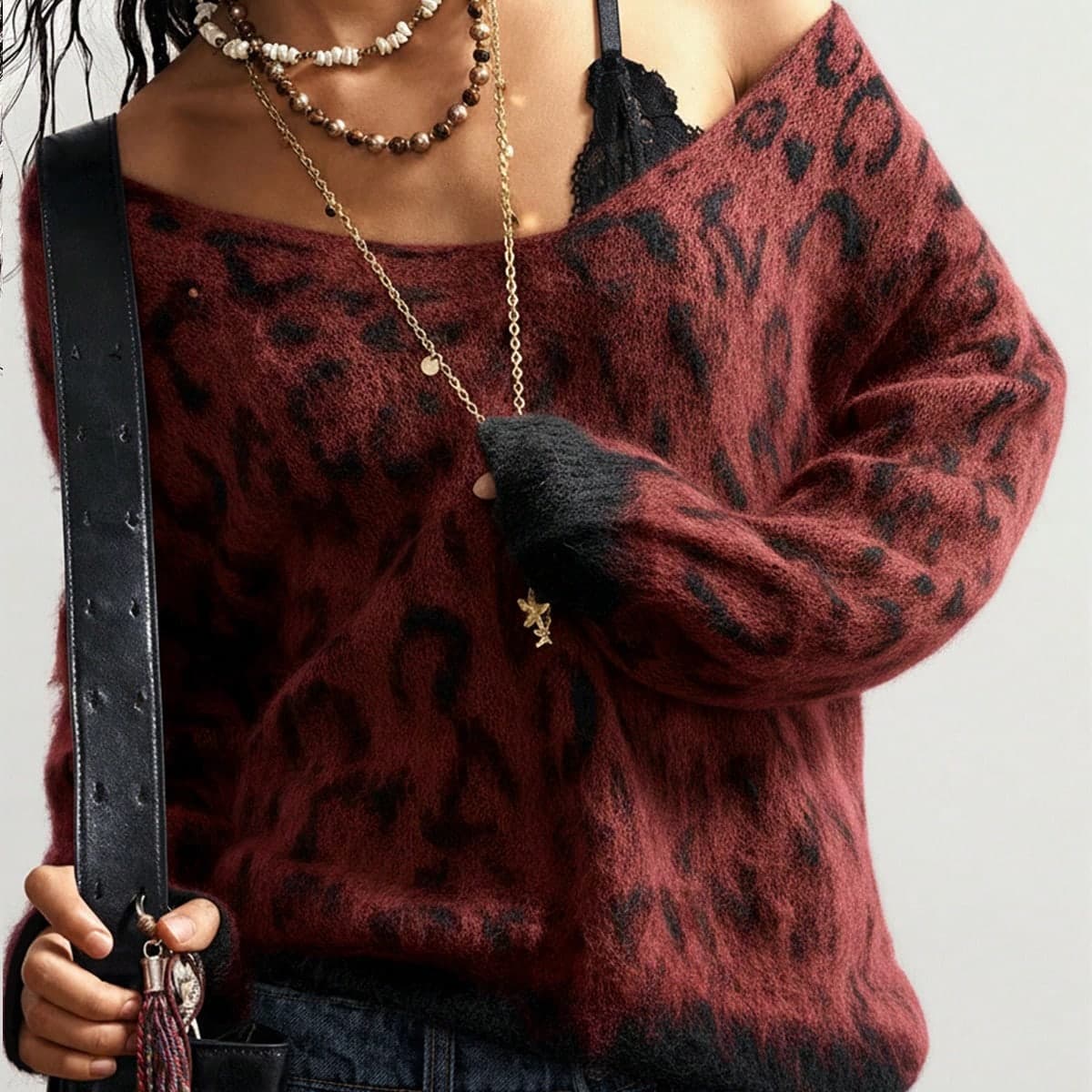 Abbigliamento esterno stile boho per autunno/inverno, maglione oversize in maglia lavorata a mano con scollo a V, stampa leopardata rossa vintage,
