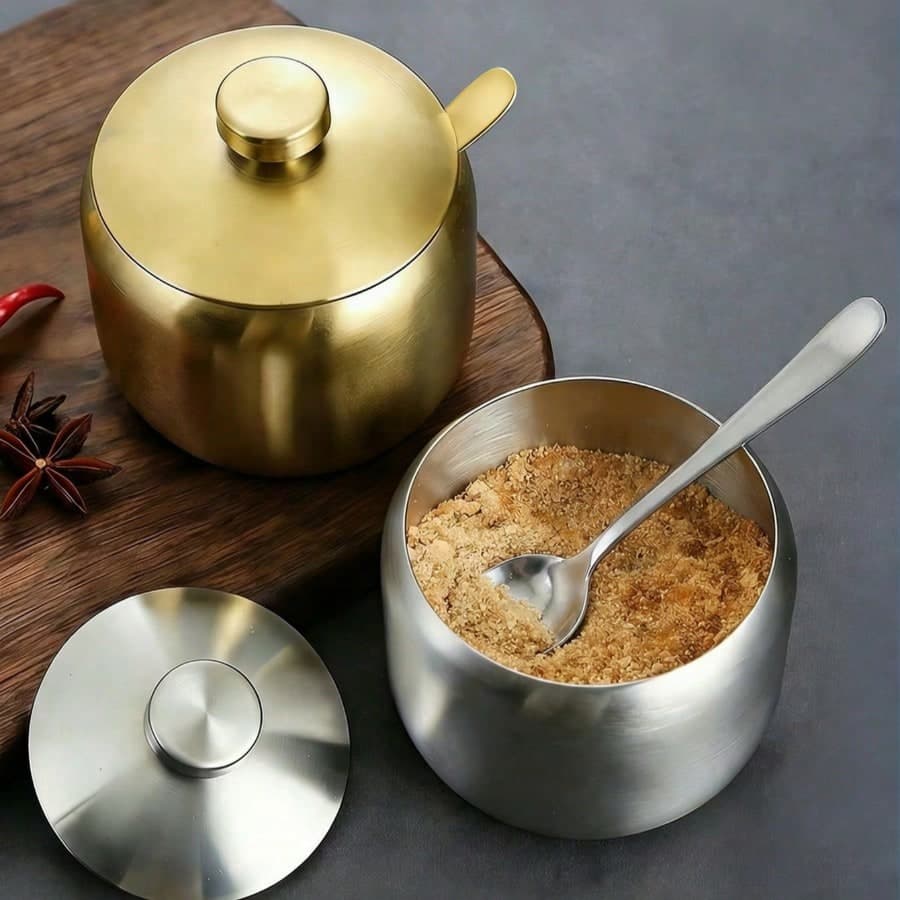 1 pezzo, Barattolo porta condimenti in acciaio inossidabile con cucchiaino - Barattolo creativo per glutammato monosodico per sale e pepe - Forniture