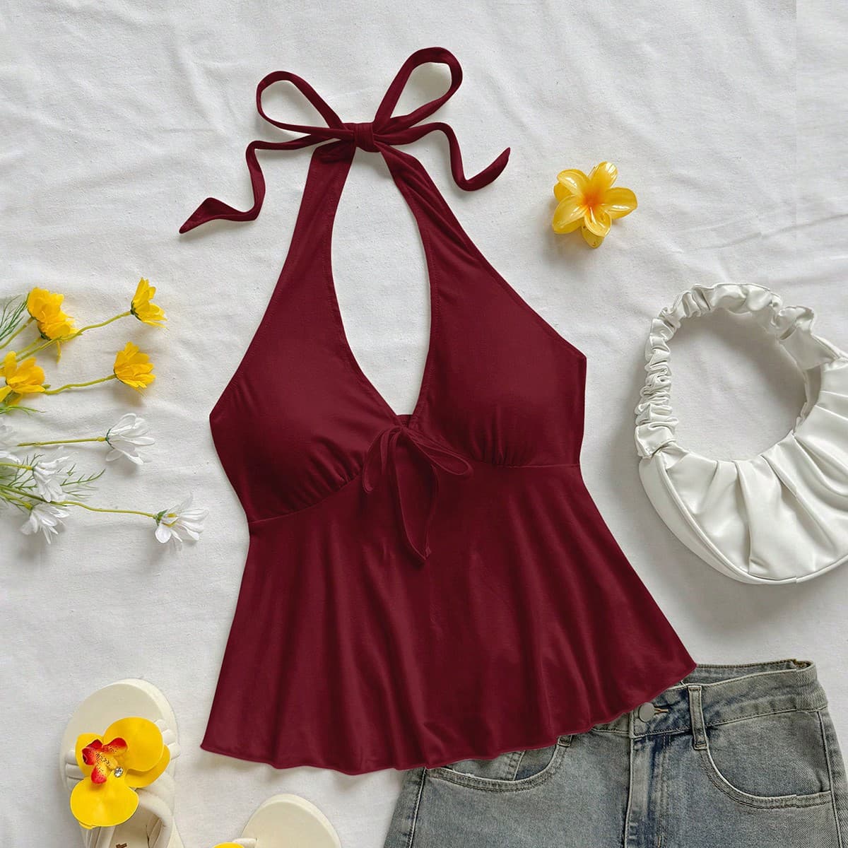 Camicetta casual da donna con scollo a V, fiocco e schiena scoperta, adatta per le vacanze estive