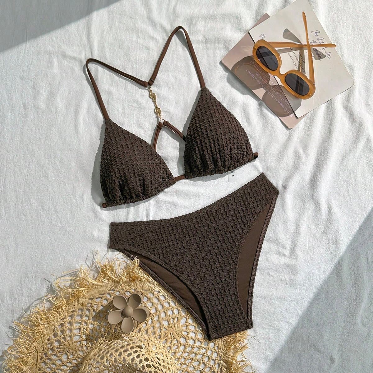 Costume da bagno da donna, set bikini a 2 pezzi, per spiaggia e resort marittimi, stile influencer sexy, elegante e romantico, tessitura boho-chic,