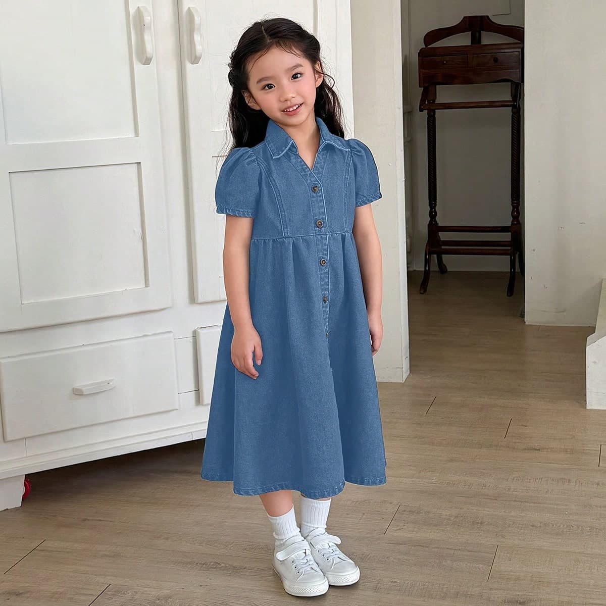 Abito in jeans casual da ragazza, con colletto alla coreana, lavato, tinta unita, versatile