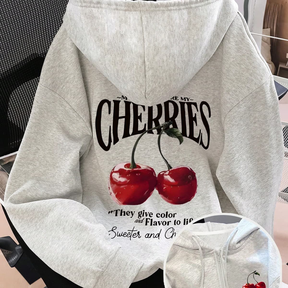 Giacca con chiusura lampo stampata da donna, colore grigio, nuova collezione autunno/inverno, grafica con frutta, ciliegie e lettere, adatta per il