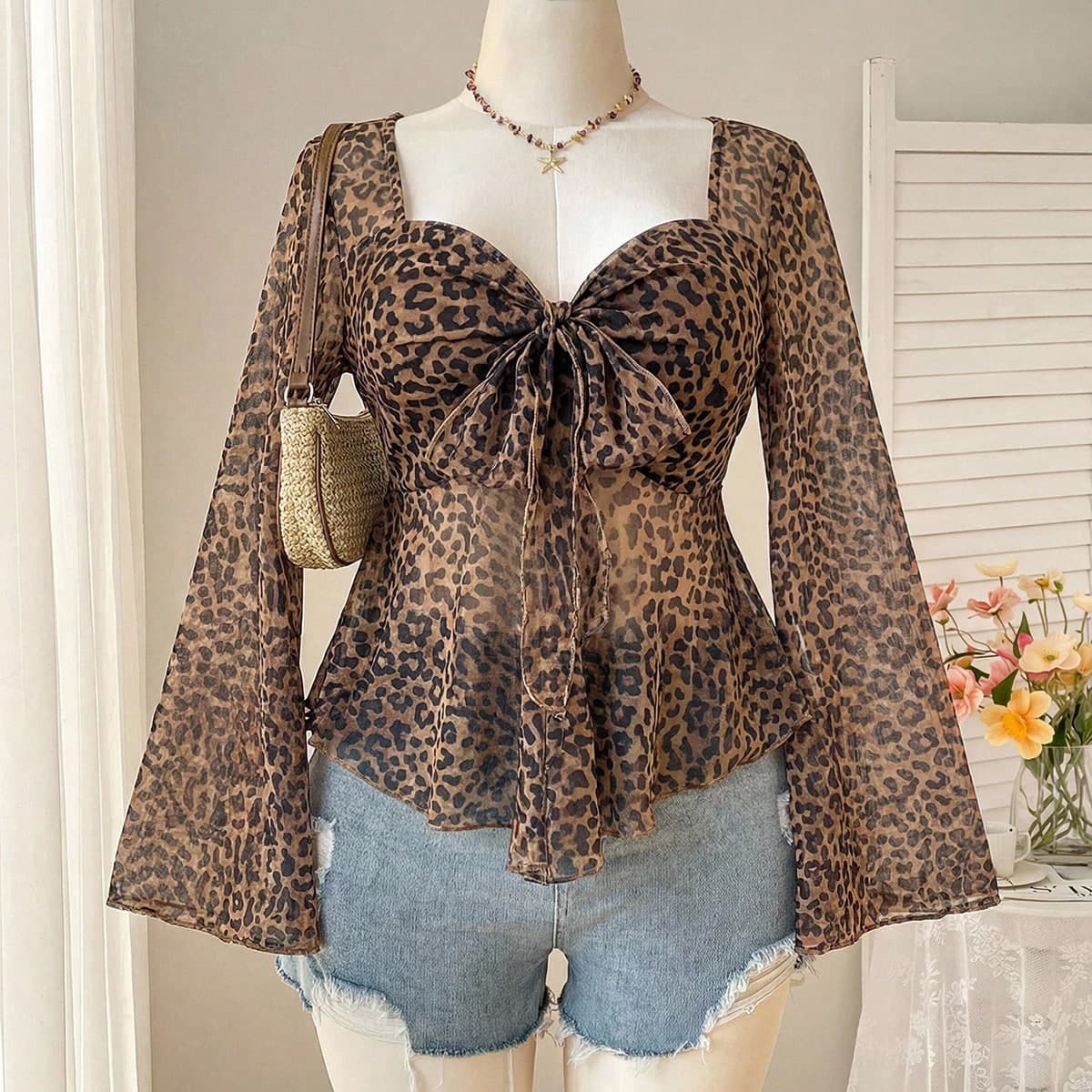 Scollo a palloncino con stampa di leopardo e prensione, taglie comode, autunno