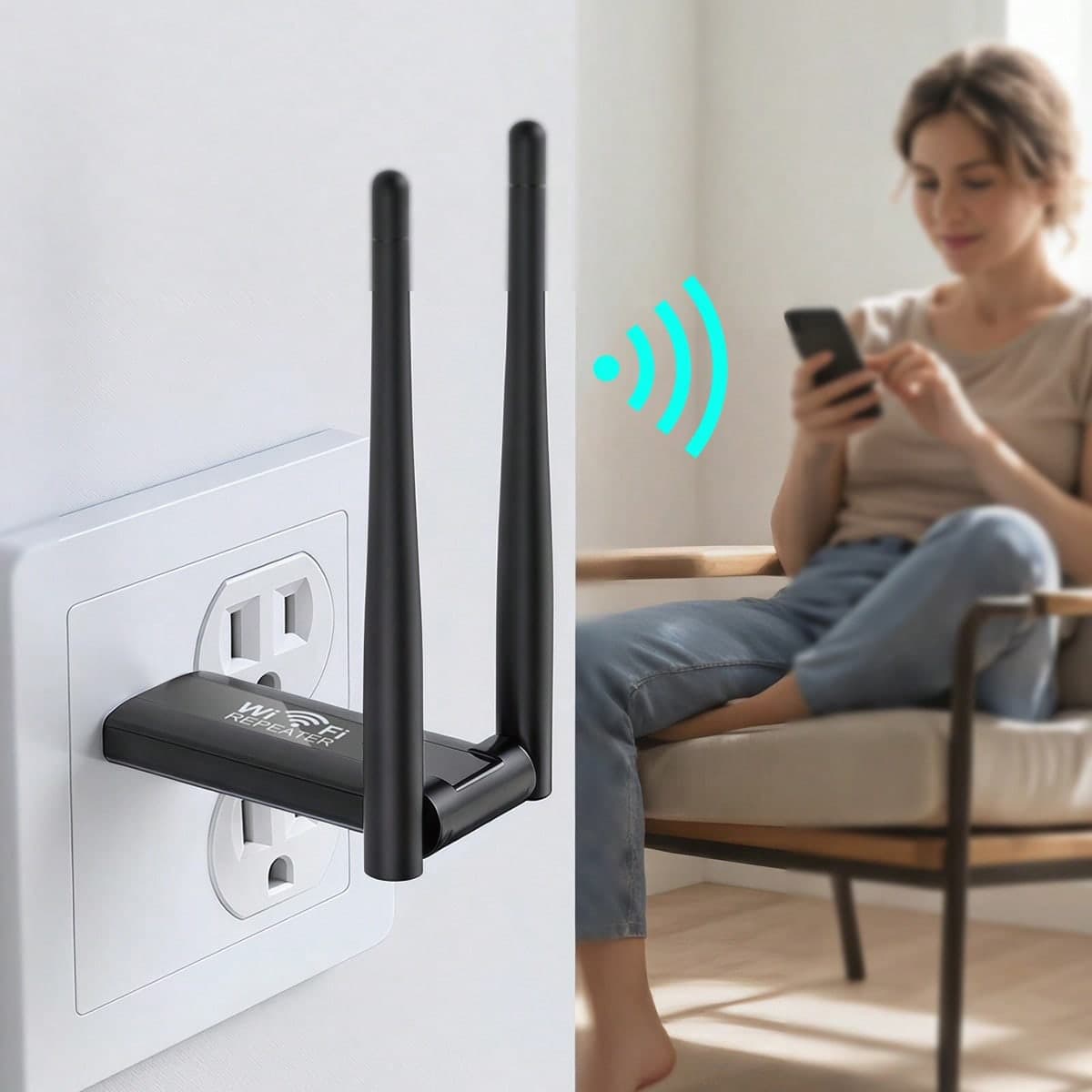 Ripetitore WiFi Extender, Amplificatore di segnale senza fili con doppie antenne, Amplificatore di portata WiFi a spina da parete per casa, Elimina le