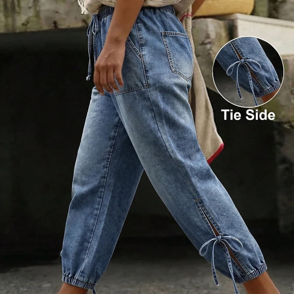 Jeans skinny con vita elastica e coulisse, con tasche, da donna