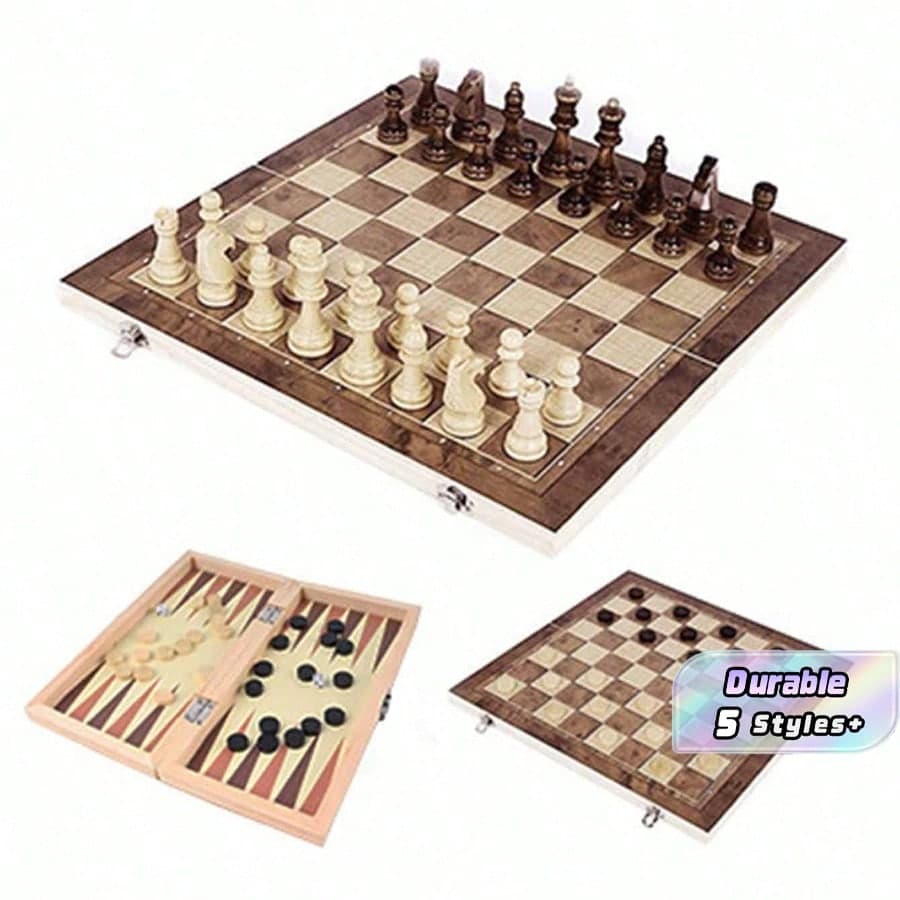 Set da gioco di scacchi in legno 3 in 1 con fondo floccato, antiscivolo e resistente all'usura, include pezzi degli scacchi in più misure