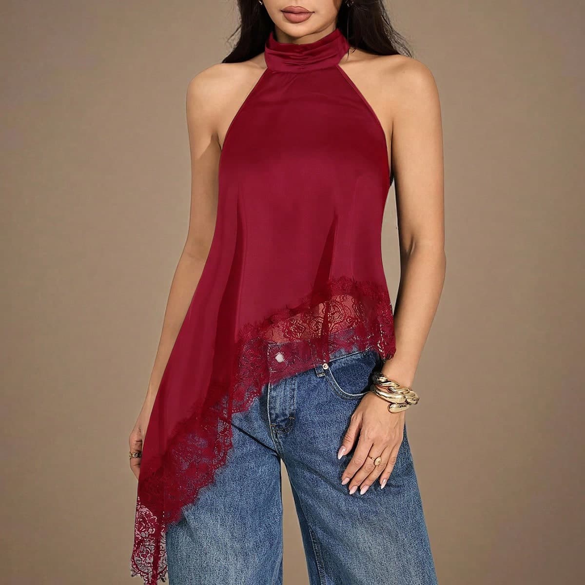 Top casual versatile da donna con scollo all'americana e bordo in pizzo per uscite quotidiane