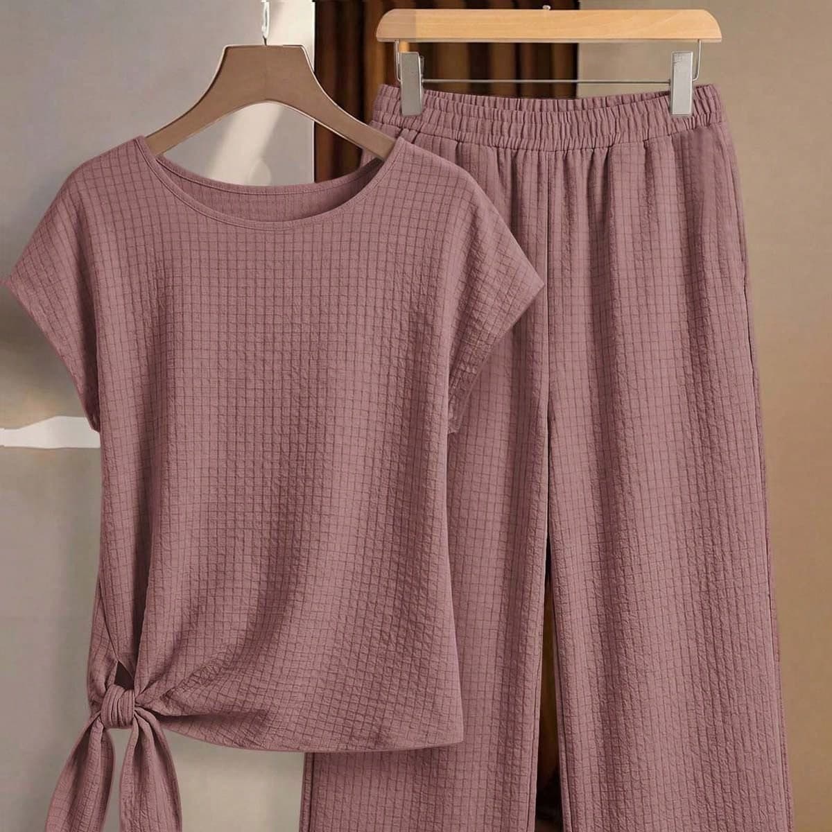 Set da 2 pezzi da donna con camicia rosa loto con fiocco e pantaloni a gamba dritta ampia