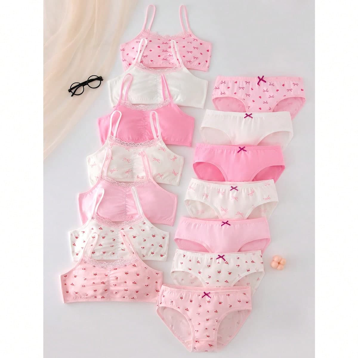 Set di 4 scatole cieche casuali per ragazze, ragazze pre-adolescenti, stampa floreale con fiocco, carino e dolce, con bordo in pizzo, moda quotidiana