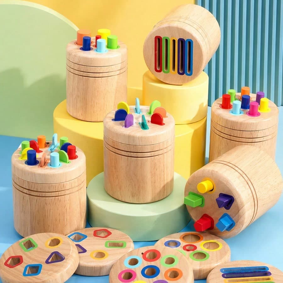 1 pezzo Tazze di legno per bambini per l'apprendimento dei colori, riconoscimento di colori e forme, giocattolo Montessori per l'istruzione precoce,