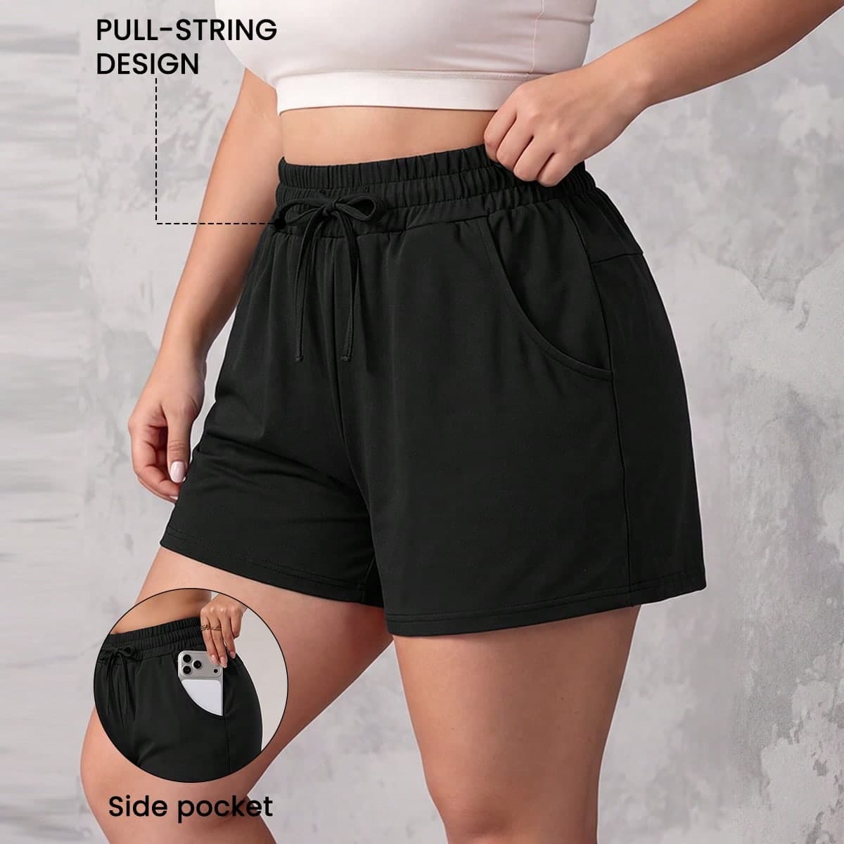 Pantaloncini casual versatili da donna taglie forti, tinta unita, con coulisse in vita, per uso quotidiano
