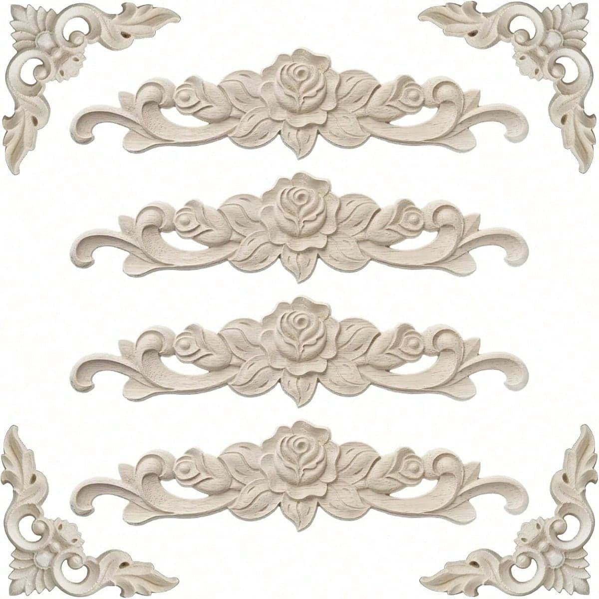 8 pezzi Decorazioni in legno vintage, decalcomanie in corno di mucca intagliate nel legno per mobili, letti, porte e finestre fai-da-te, decorazioni