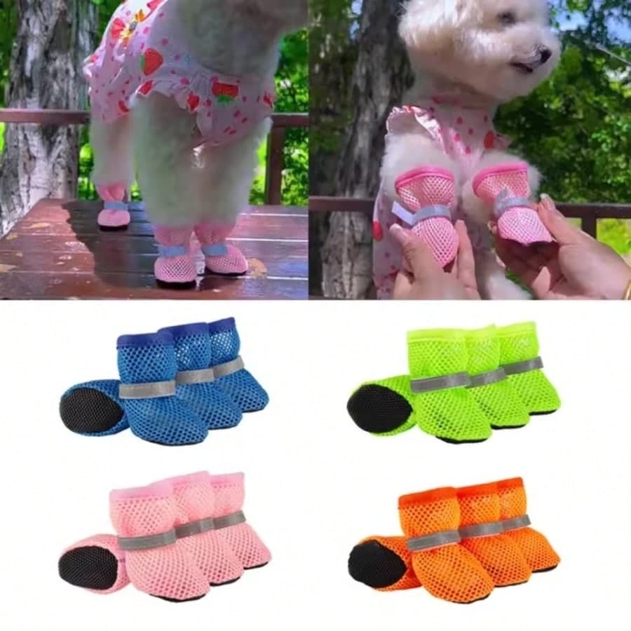 4 pezzi/set Scarpe in rete traspiranti per cani, scarpe in rete per cani resistenti alla riflessione, scarpe per cani antiscivolo e con fori, stile