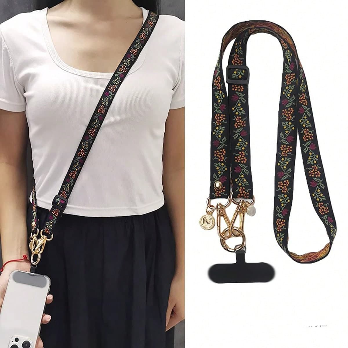 Cordino lungo ricamato con motivi floreali, tracolla regolabile, può essere appeso al collo o al portaphone, accessorio di moda per telefono con