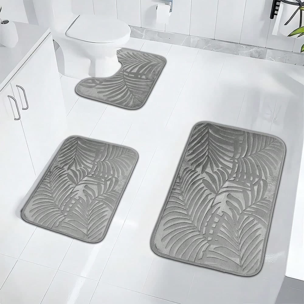 Set da 3 tappetini da bagno in colore solido semplice con stampa a foglia, altamente elastici e assorbenti, antiscivolo, set di tappetini da bagno per