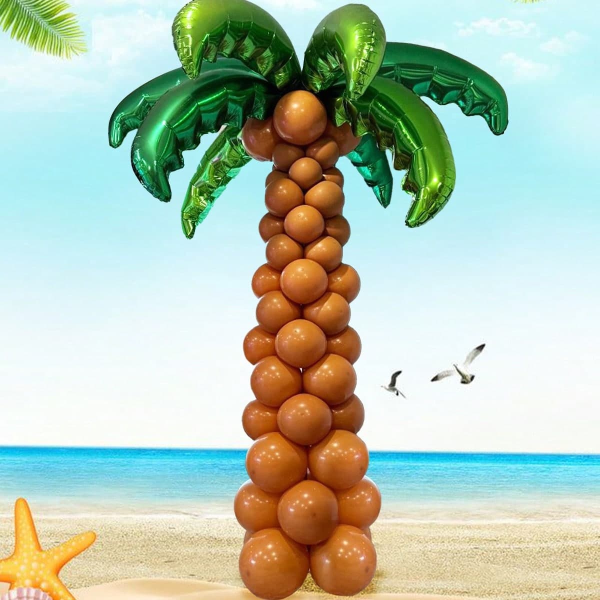 Set da 66 pezzi con palloncini a forma di palme, 6 foglie di palma in lamina verde e 60 palloncini marroni in lattice, adatto per feste hawaiane alla